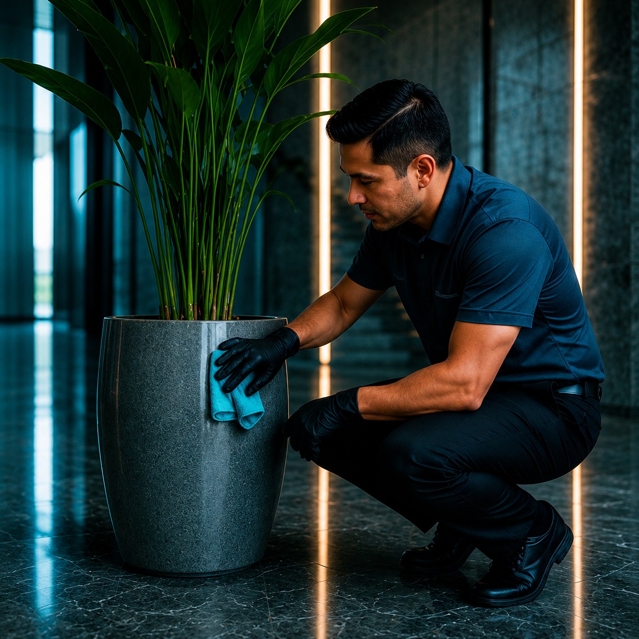 Operario de Brilmax limpiando una maceta interior en un edificio